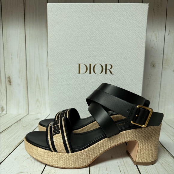 Christian Dior Calfskin Raffia Embroidered Dway Platform Sandals Sz 38.5 / 8.5 - Picture 6 of 16